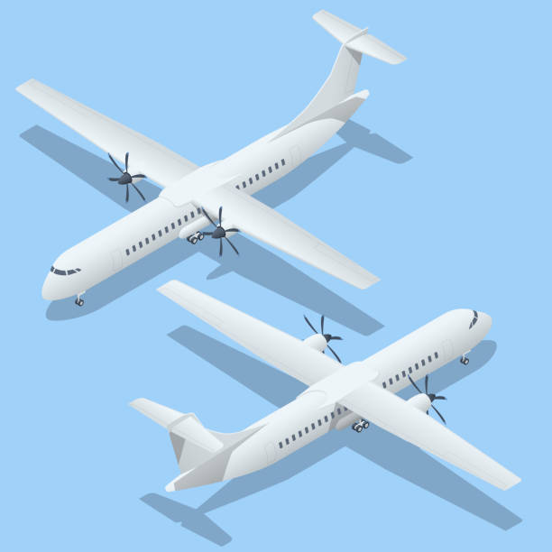 Isometric Airplanes on Blue Background. Turboprop Regional airliner. Industrial Blueprint of Airplane. Airliner ATR 42 in Top Isometric Airplanes on Blue Background. Turboprop Regional airliner. Industrial Blueprint of Airplane. Airliner ATR 42 in Top. number 42 stock illustrations