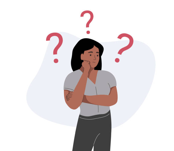 ilustrações de stock, clip art, desenhos animados e ícones de black businesswoman thinks about something and looks at question marks. thoughtful african girl makes the decision - white background decisions contemplation choice