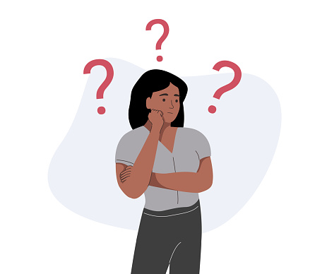 Black businesswoman thinks about something and looks at question marks. Thoughtful African girl makes the decision or explains some things for herself. Vector illustration. depression disorder anxiety