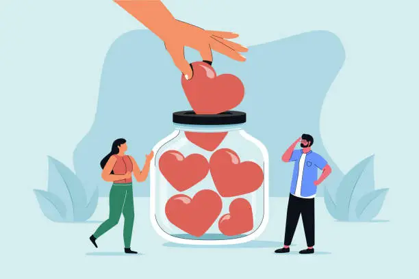 Vector illustration of Support concept, flat tiny volunteer persons vector illustration. Donation jar collecting heart symbols, giving hand