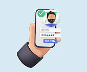 istock Hand holding mobile smart phone with face recognition app. 3D Web Vector Illustrations. 1363343984
