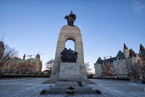 Ottawa, Ontario, Canada - November 27, 2021:  The National War Memorial in early morning.
