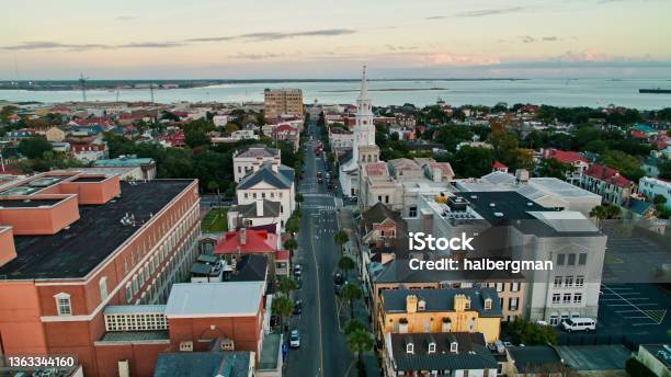 Drone Flight Over Broad Street In Charleston South Carolina At Sunset Stock Photo - Download Image Now