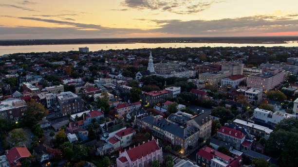 istock Drone Flight Over Downtown Charleston, South Carolina at Dusk 1363344176