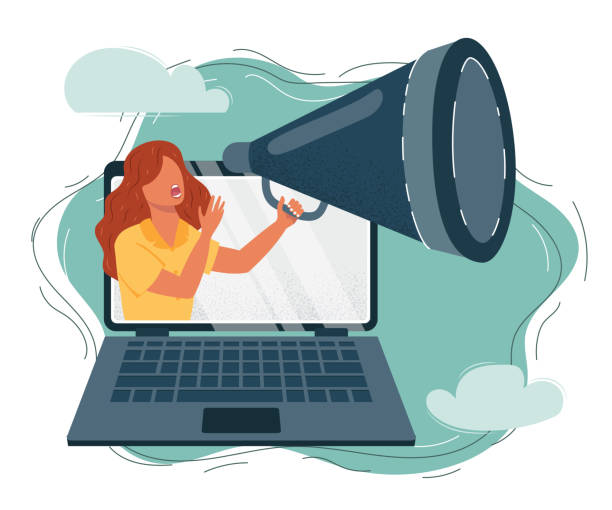istock Important Information concept. Woman cry in Megaphone. Loudspeaker on light background. Flat vector cartoon illustration 1363345210