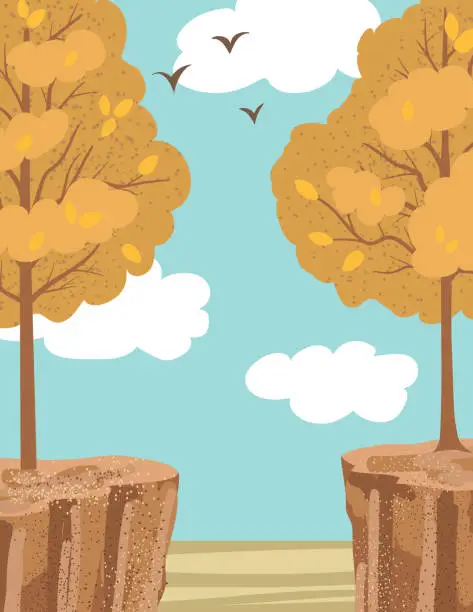 Vector illustration of Autumn Trees On A Cliff With A Blue Sky In Flat Colors