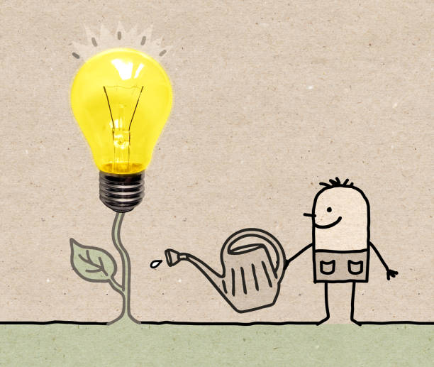 istock Cartoon gardener Watering a Fresh new Light Bulb 1363345972