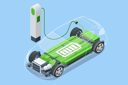 Isometric Electric car refueling. Power supply for electric car charging. Modern technology and environment care.