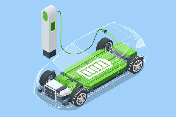 Vector illustration of Isometric Electric car refueling. Power supply for electric car charging. Modern technology and environment care