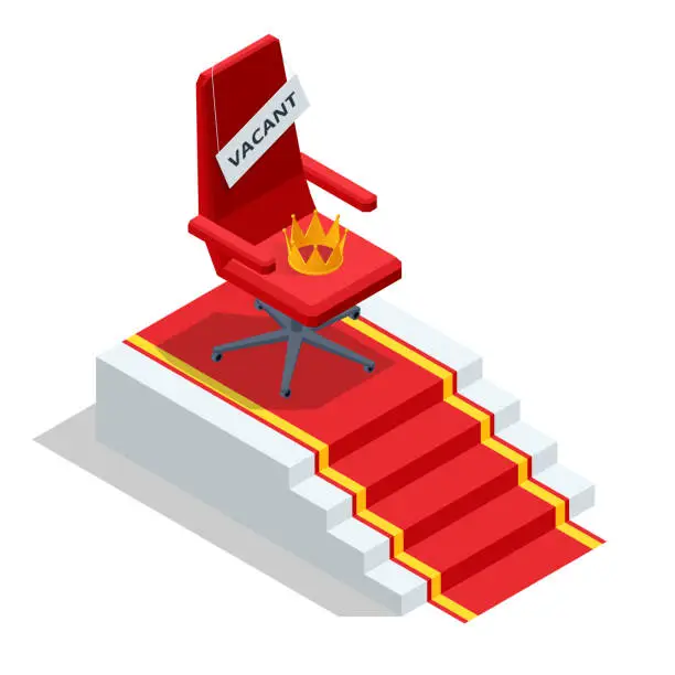 Vector illustration of Isometric Golden Crown. Job recruiting advertisement, Job opportunity. Office chair and a sign vacant. Hiring and recruitment.