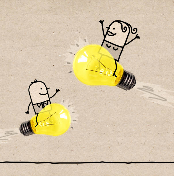 istock Cartoon Man and Woman Riding on Light Bulbs Rockets 1363347052