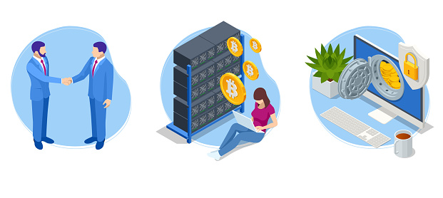 Isometric Bitcoin Crypto Currency Mining Farm. Server Room, Bitcoin Mining, Supercomputing. Cryptocurrency, Blockchain.