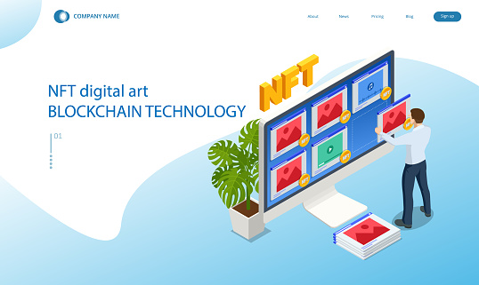 Isometric Digital art NFTs, generative art. NFT Non-fungible token is a unique and non-interchangeable unit of data stored on a digital ledger blockchain. Online payment, transaction.