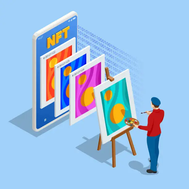 Vector illustration of Isometric NFT Non-fungible token is a unique and non-interchangeable unit of data stored on a digital ledger blockchain. Digital art NFTs, generative art