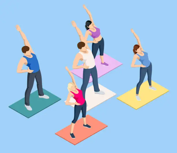 Vector illustration of Isometric gymnastics, morning concept. Morning fitness exercising, Morning exercise for health. The people are engaged in fitness. Healthy people exercising at home