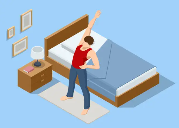 Vector illustration of Isometric gymnastics, morning concept. Morning fitness exercising, Morning exercise for health. The man is engaged in fitness. Healthy man exercising at home