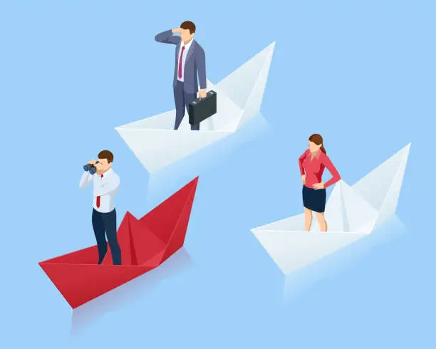 Vector illustration of Leadership concept. Red leader paper ship leading among others on blue background.