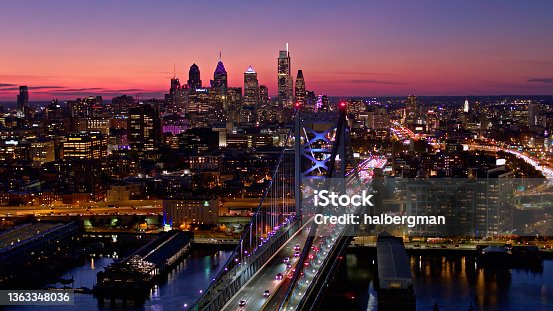istock Drone Shot of Ben Franklin Bridge and Philadelphia, PA at Sunset 1363348036