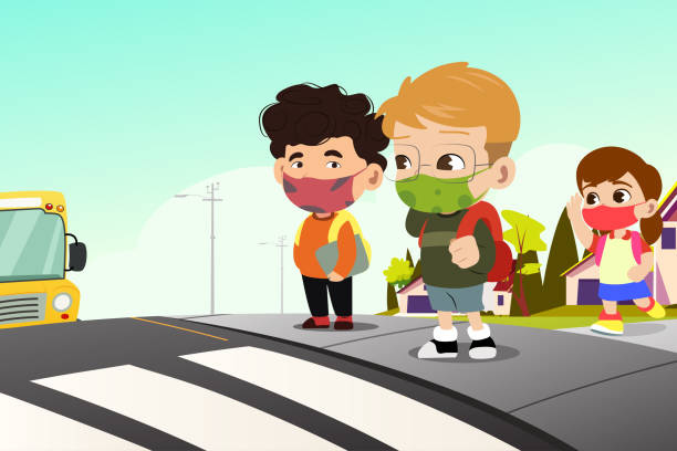 illustrations, cliparts, dessins animés et icônes de des écoliers portant des masques en attente d’un autobus scolaire illustration vectorielle - bus child waiting education