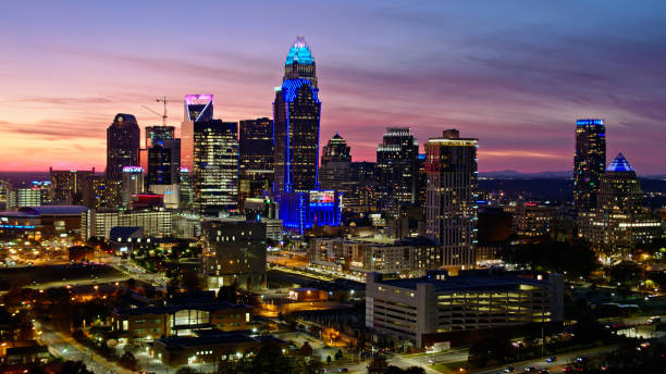 istock Charlotte, NC Lit Up at Nightfall - Aerial 1363351839
