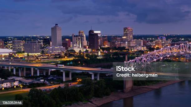 Memphis Waterfront And Downtown Skyline On Stormy Evening Drone Shot Stock Photo - Download Image Now