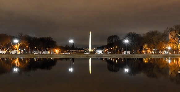 Washington Monument night view, reflection in the Capitol Reflecting Pool. Washington, DC, USA