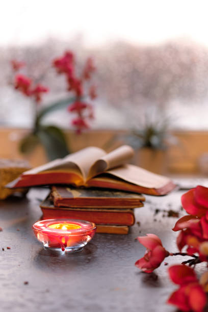 古い本の積み重ねにろうそくを持つ冬の時間。オレンジ色の輝き、ピンクとフクシアの蘭、マグノリアの花を持つ夕日の窓。芳香族キャンドル、ティーライト。暖かい夕日の輝きのロマンチ� - candle tea light pink red ストックフォトと画像