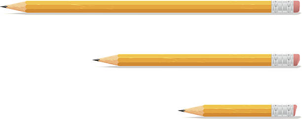 Three sizes of yellow pencils on white background 3 yellow pens of various sizes. Vector pencil illustrations stock illustrations