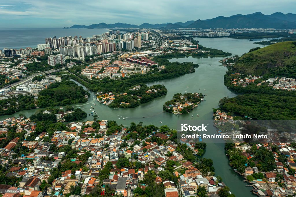 Rio de Janeiro, Brazil. Rio de Janeiro, Brazil. Barra da Tijuca district, Gigola Island. Aerial View Stock Photo