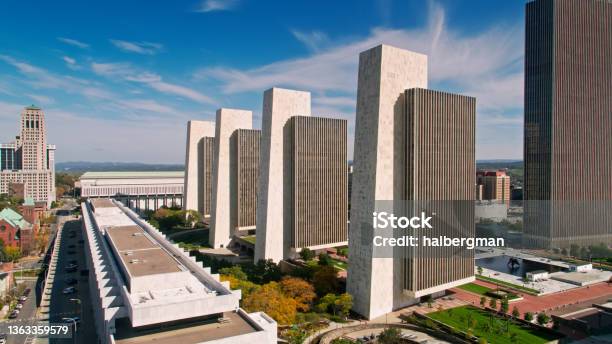 Row Of Towers In Empire State Plaza Stock Photo - Download Image Now - Albany - New York State, Brutalism, New York State