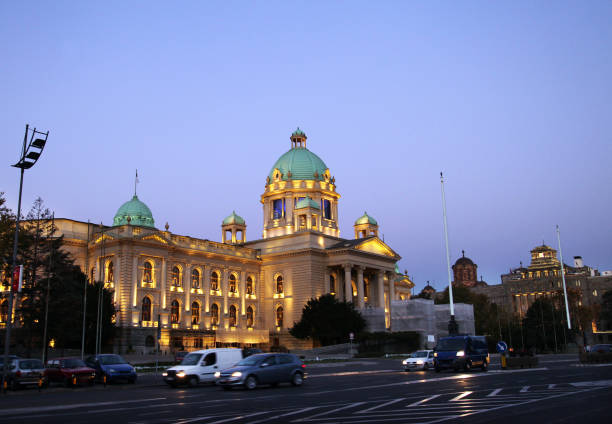 istock Serbian Parliament Building at night in Belgrade 1363359785