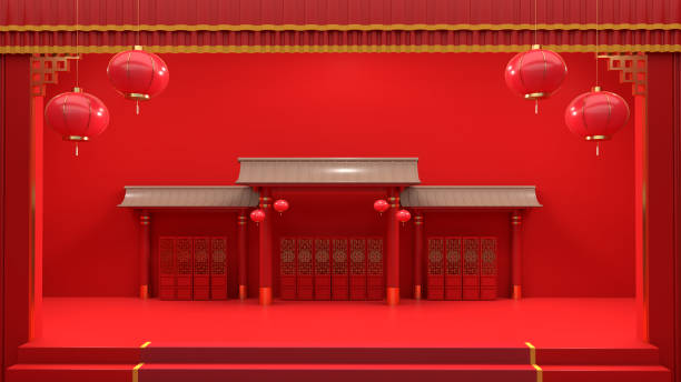 istock Red Stage Scene 3D Chinese New Year Them 1363359812