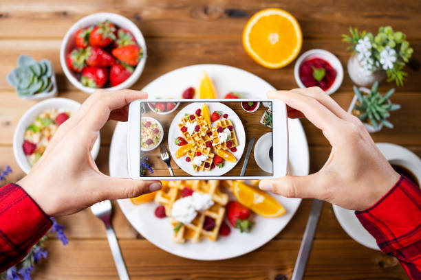 istock Delicious waffle dessert with fruits 1363361946