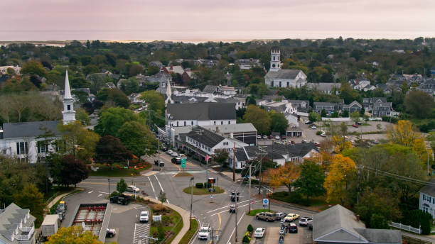 Aerial shot of Chatham, Massachusetts, a small town on the tip of Cape Cod on a hazy morning in early Fall.