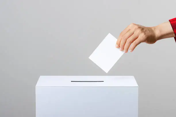 Voting and people hands and gray background