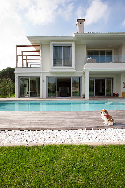 casa moderna con piscina - detached house contemporary house villa fotografías e imágenes de stock