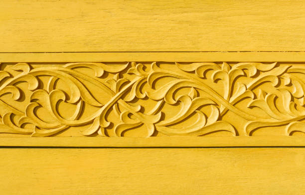 Wooden gold yellow texture  background  with carving patterns decorative on wall wall