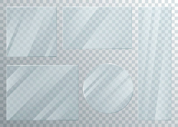 Glass window plate set with transparent effect, 3d realistic clear glossy frame panel Glass window plate set with transparent effect vector illustration. 3d realistic clear glossy frame, shiny panel for showcase facade of square, round or rectangular shape collection isolated on white 777 stock illustrations