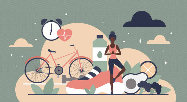 Girl choosing healthy lifestyle, practicing yoga near sport equipment, vegetables Girl choosing healthy lifestyle vector illustration. Cartoon female character practicing yoga near sport equipment, vegetables and water bottles. Healthy lifestyle, diet and weight loss concept fit stock illustrations