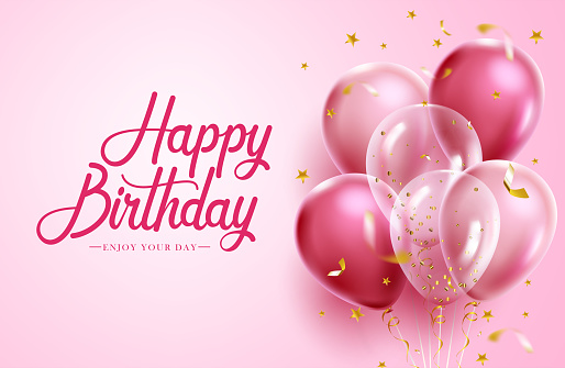 Birthday pink balloons vector design. Happy birthday greeting text in pink space with girly balloon bunch and confetti elements for cute birth day celebration. Vector illustration.