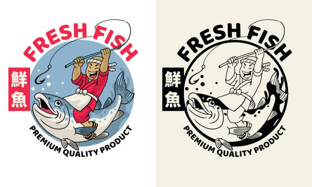 illustrazioni stock, clip art, cartoni animati e icone di tendenza di cartone animato del giappone pescatore che pesca il pesce salmone - sushi sashimi salmon tuna
