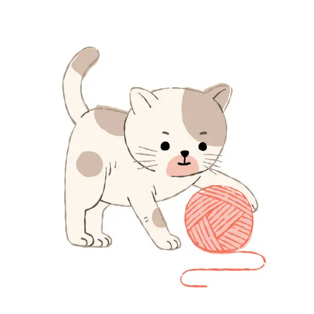Vector illustration of cute one brown cat have fun to playing with wool ball
