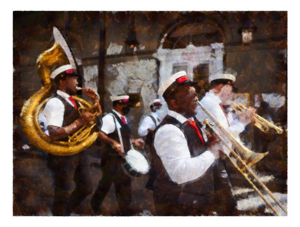 Brass band on Royal street New Orleans digital manipulation Brass band on Royal street New Orleans digital manipulation new orleans stock pictures, royalty-free photos & images