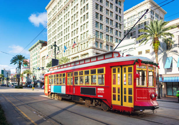 New Orleans Street Car in Canal Street Louisiana New Orleans Street Car in Canal Street Louisiana tram stock pictures, royalty-free photos & images