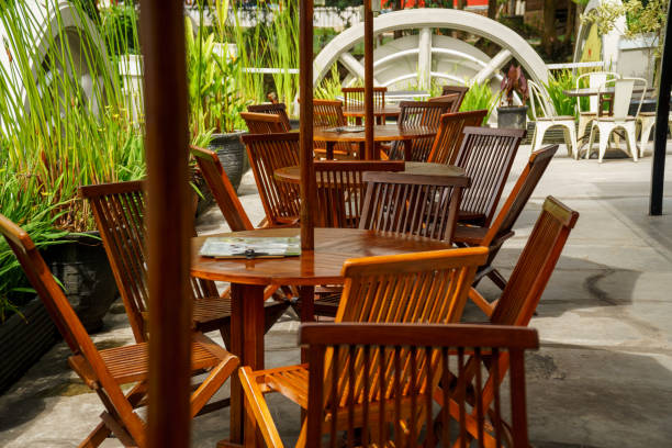 istock Empty cafe with wooden chairs and table in Lembang Zoo, West Java, Indonesia. 1363382308