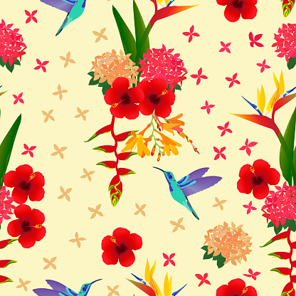 tropical seamless pattern. exotic pattern. red hibiscus, Ashoka, palm tree, bird of paradise, humming bird. good for fabric, wallpaper, dress, fashion, etc.