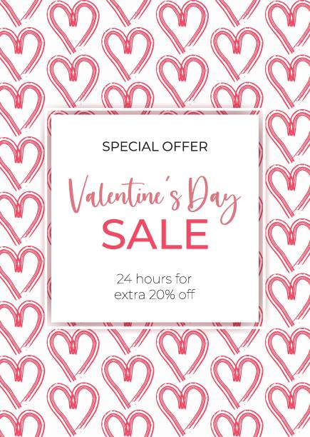 valentines sale Sale poster, banner, flyer design for Valentine's Day. Happy Valentine's Day special offer. 20% discount offer on red hearts pattern background discount coupon template silhouette stock illustrations