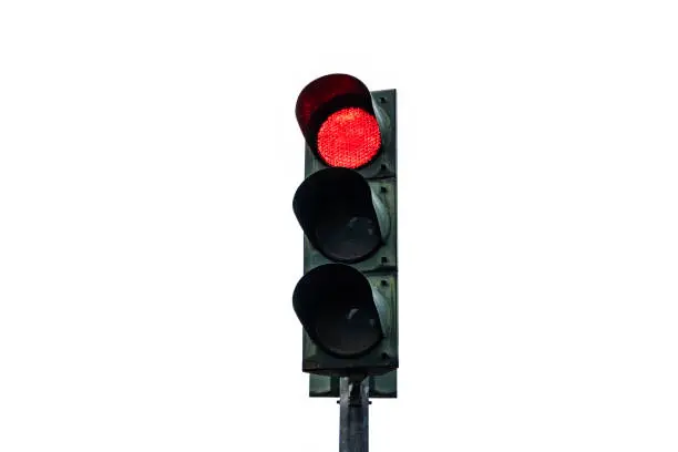 Photo of Traffic light in red color, with a white blank background,
