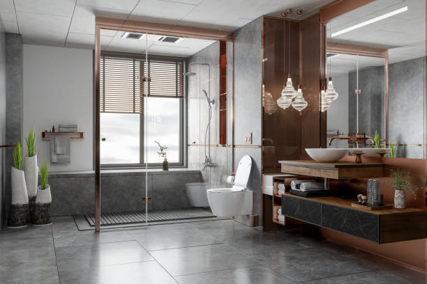 interior do banheiro luxuoso com chuveiro, banheiro, espelho e objetos decorativos - tiled floor ceramic floor model home - fotografias e filmes do acervo