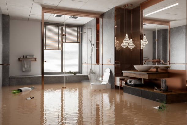 istock Flooded Bathroom With Potted Plants Floating On Water 1363383403
